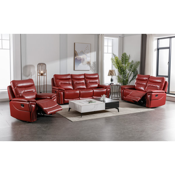 3 piece red leather deals sofa set